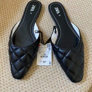 NWT Zara Black Quilted Design Slip on Mules Flats Sz 39/8.5  #06
